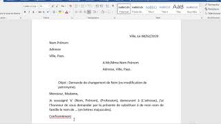 LETTRE  DEMANDE DE CHANGEMENT DE NOM sans rapport avec des liens de filiation [upl. by Artemahs]