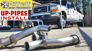 2001 F350 73  RiffRaff UpPipes Install  Stock up pipes leaking and falling apart JUNK SP [upl. by Oileve495]